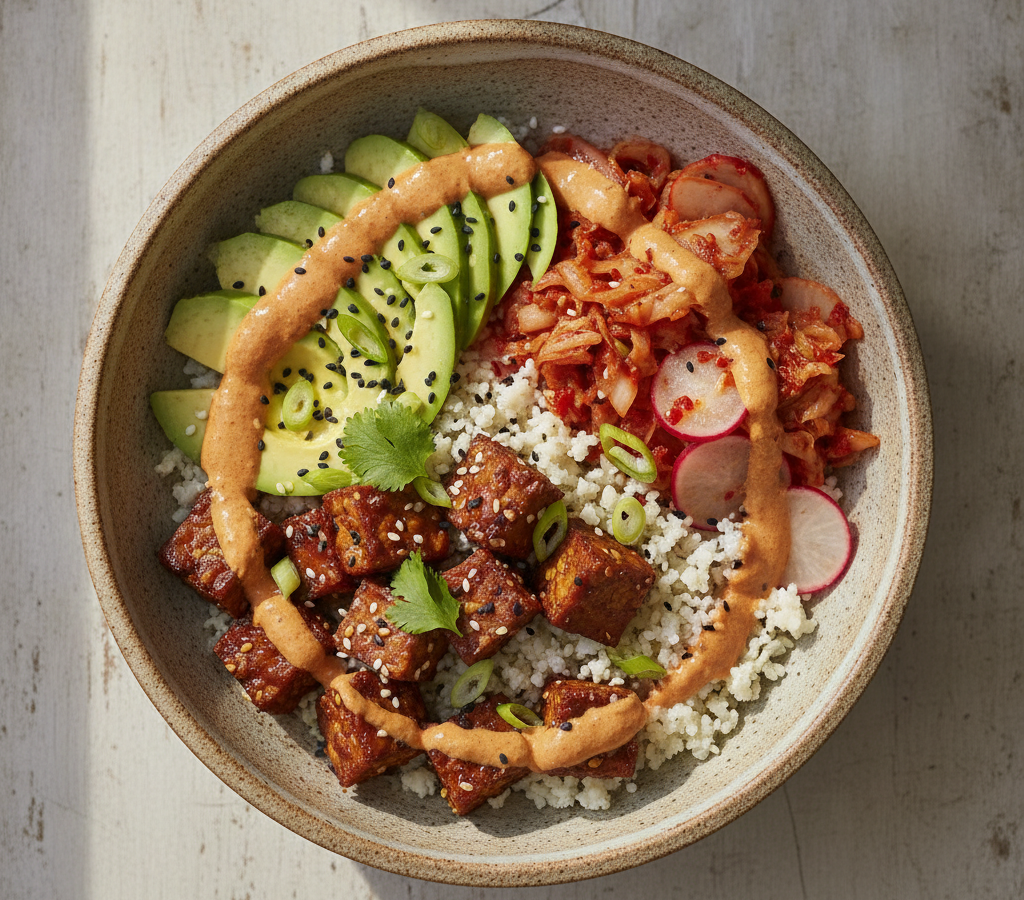 Bowl de Tempeh Marinado com Kimchi Rápido Caseiro
