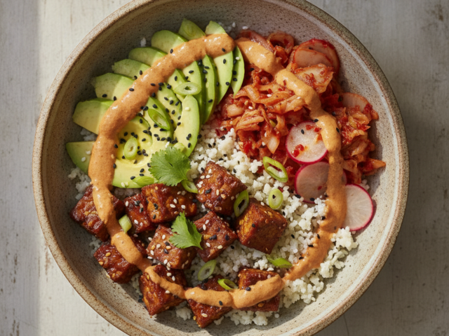 Bowl Vibrante: Tempeh Marinado, Arroz de Couve-Flor e Kimchi Rápido Caseiro