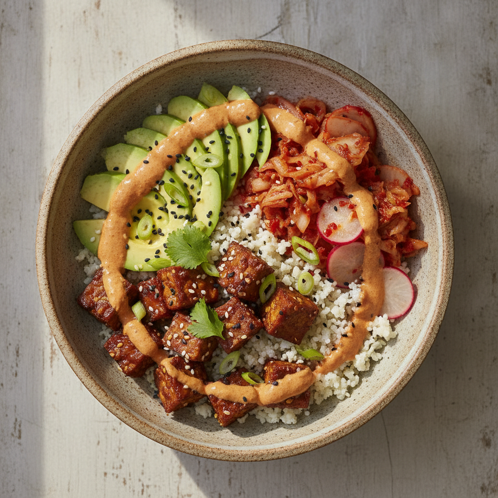 Bowl de Tempeh Marinado com Kimchi Rápido Caseiro