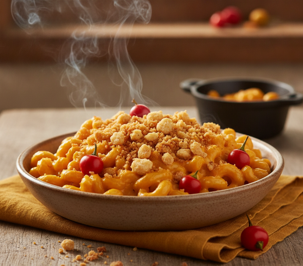 Mac & Cheese Defumado com Crocante de Pão de Queijo e Pimenta Biquinho