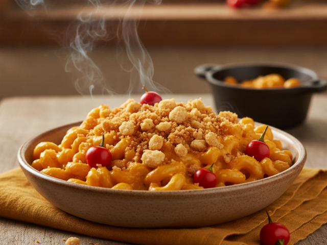Mac & Cheese Defumado com Crocante de Pão de Queijo e Pimenta Biquinho