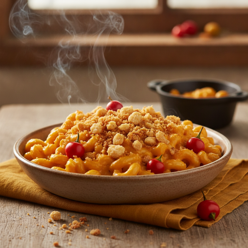 Mac & Cheese Defumado com Crocante de Pão de Queijo e Pimenta Biquinho