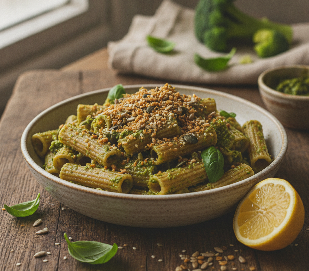 Massa Integral com Pesto de Talos de Brócolis e Crumble de Sementes