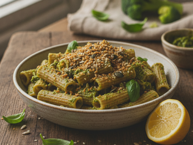 Massa Integral com Pesto de Talos de Brócolis e Crumble de Sementes Crocante