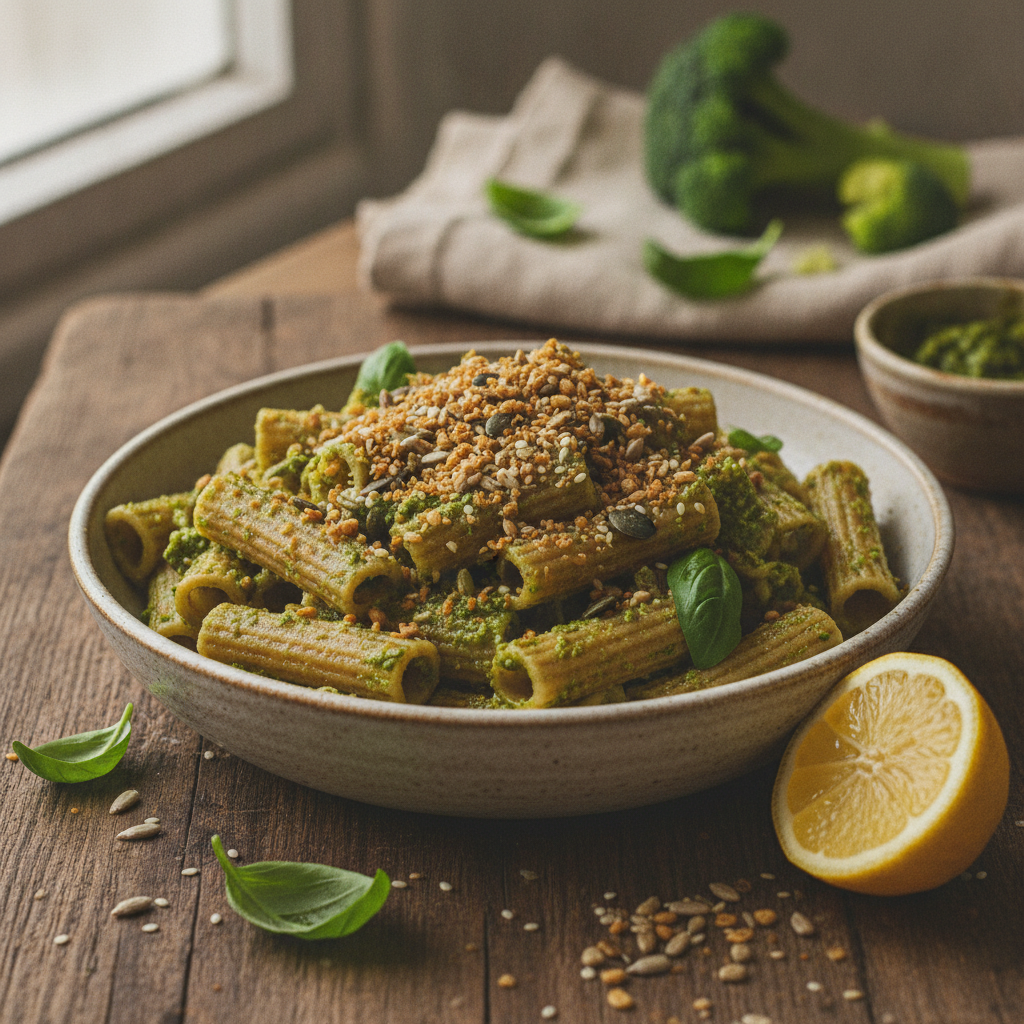 Massa Integral com Pesto de Talos de Brócolis e Crumble de Sementes