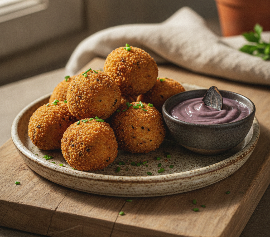 Mini Arancini de Arroz Negro com Recheio Cremoso de Cogumelos e Aioli de Alho Negro