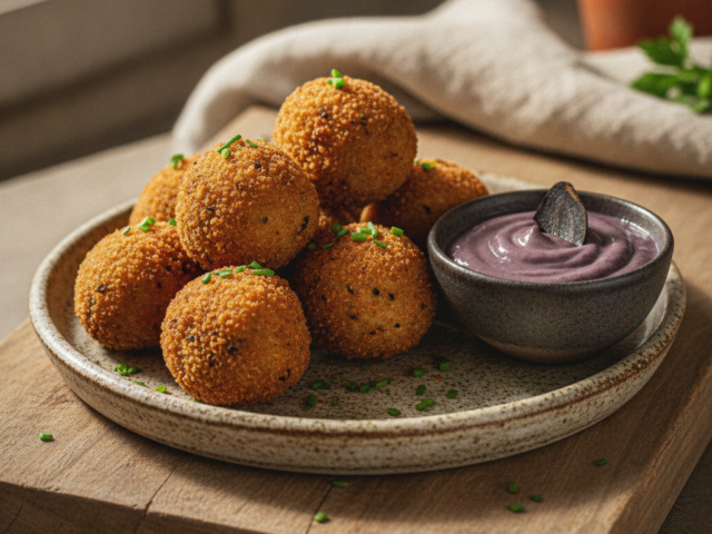 Mini Arancini de Arroz Negro com Recheio Cremoso de Cogumelos e Aioli de Alho Negro