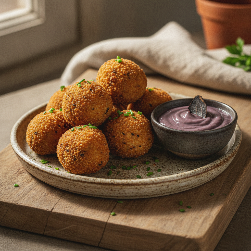 Mini Arancini de Arroz Negro com Recheio Cremoso de Cogumelos e Aioli de Alho Negro