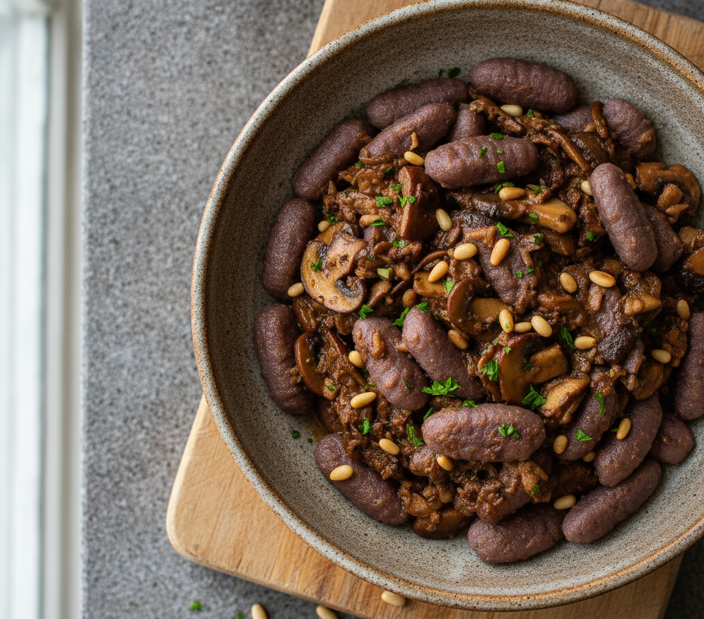 Nhoque de Batata-Doce Roxa com Ragú Rústico de Cogumelos e Pinhão