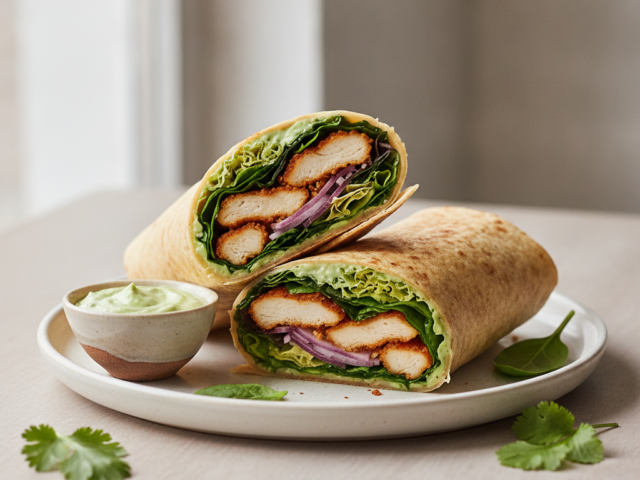 Wrap de Frango Crocante com Maionese Picante de Abacate e Salada Fresca